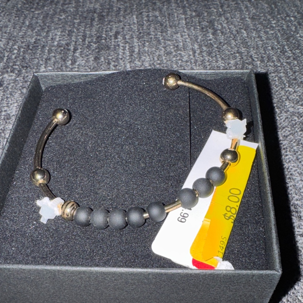 Matte Black Beaded Cuff Bracelet with Gold Accents